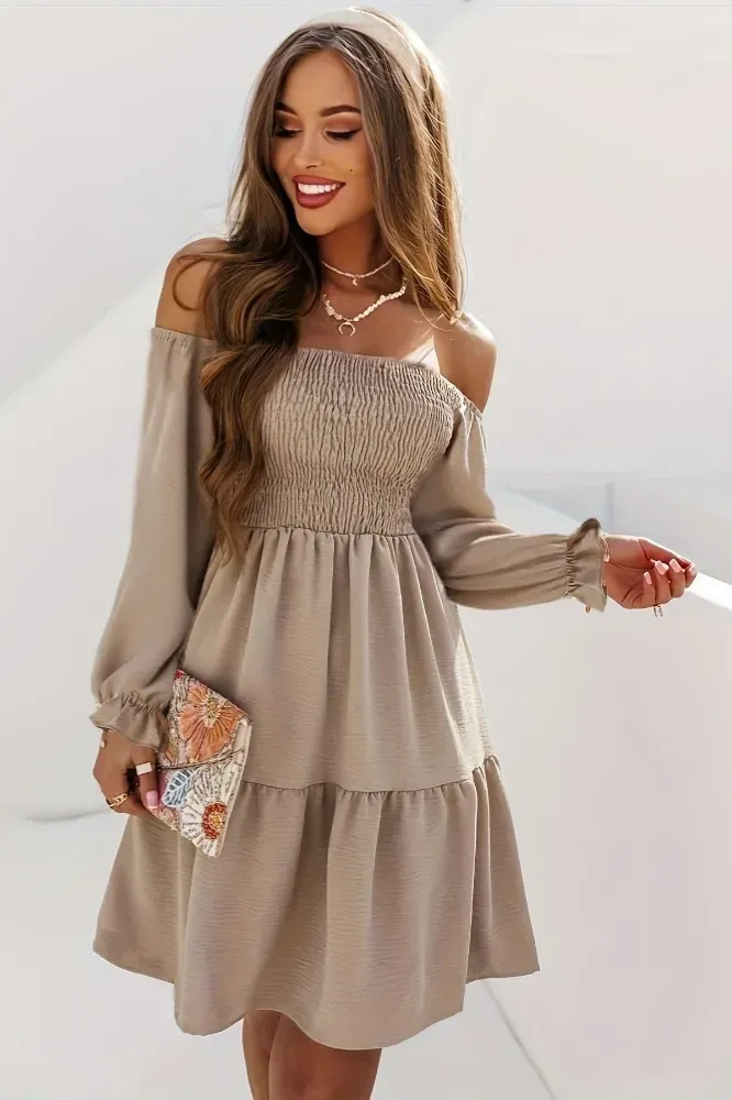 Light Brown Off-Shoulder Tiered Midi Dress - NEWME