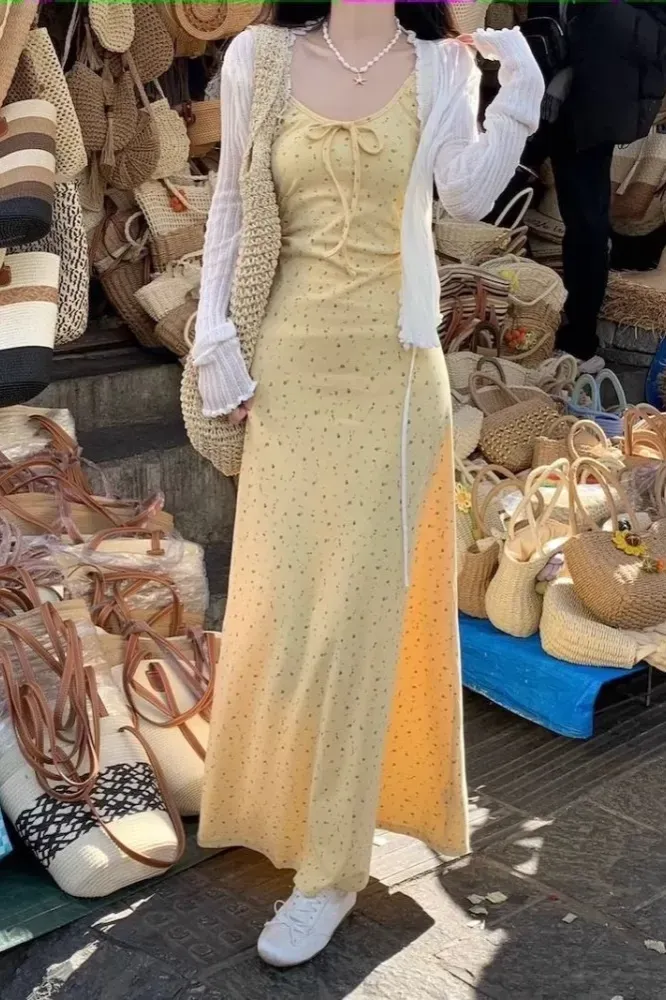 Yellow Ditsy Tie-Up Maxi Dress