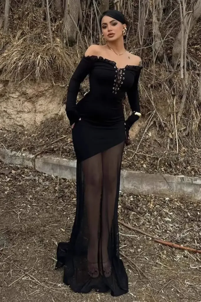Black Off-Shoulder Tie-Up Maxi Dress - Image 1