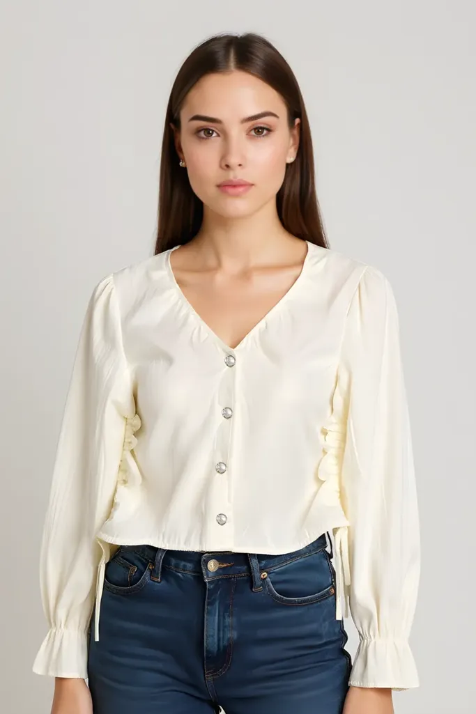Off White Buttoned Tieup Top - Image 1