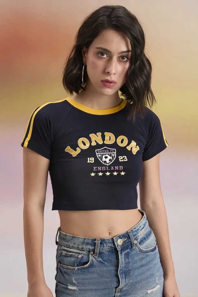 Navy Blue Graphic Crew Neck Crop T-Shirt - Image 1