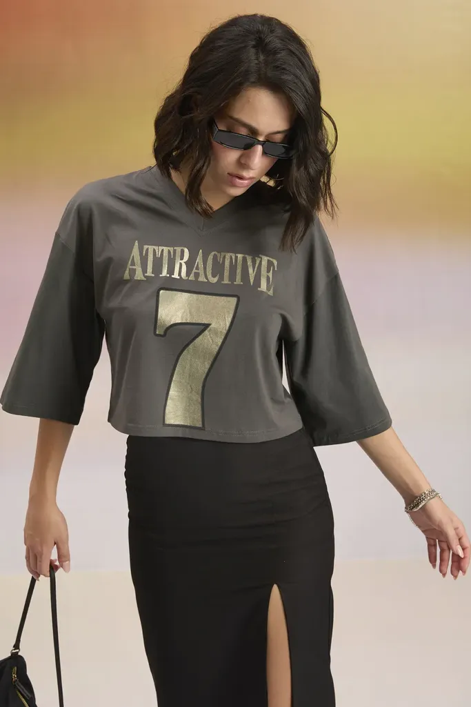 Dark Grey Graphic V-Neck Crop T-Shirt - Image 1