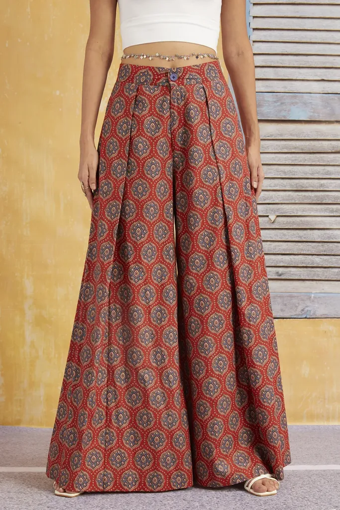 Red Ethnic Print Flared Trousers - Image 1