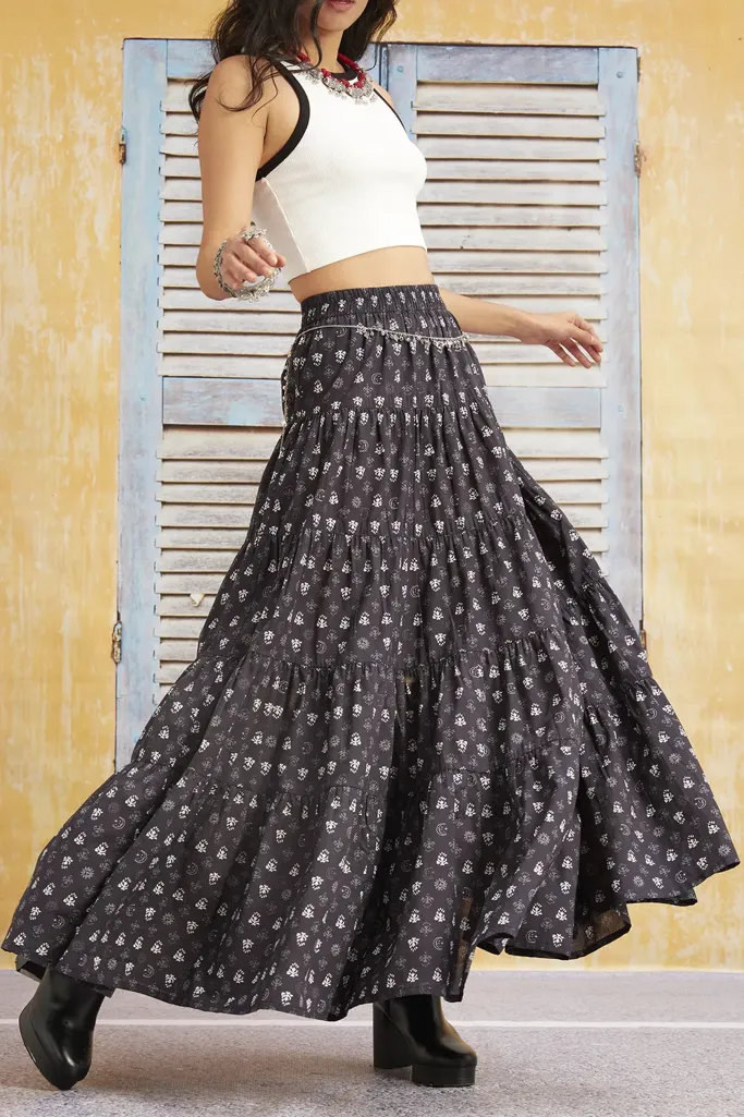 Black Ethnic Print Tiered Skirt - Image 1