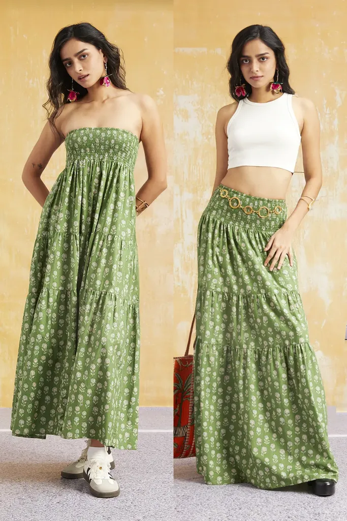 Green Ethnic Print Tiered convertible skirt dress - Image 1