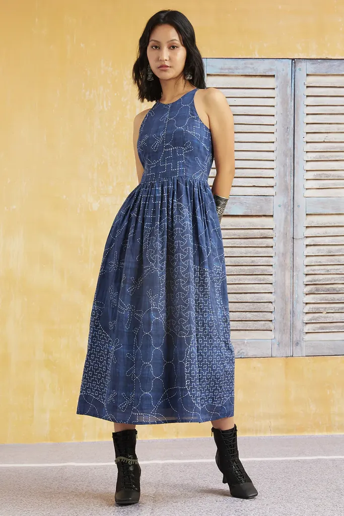 Blue Ethnic Print Round Neck Midi Dress - Image 1