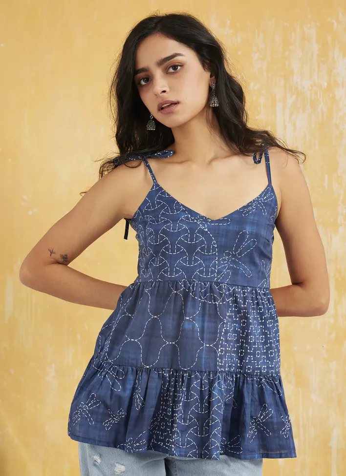 Blue Ethnic Print Peplum Top - Image 1