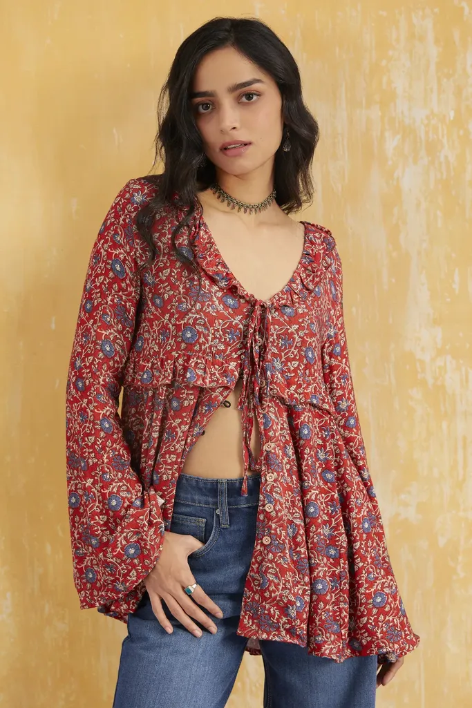 Rust Ethnic Print Tie-Up Buttoned Top - Image 1