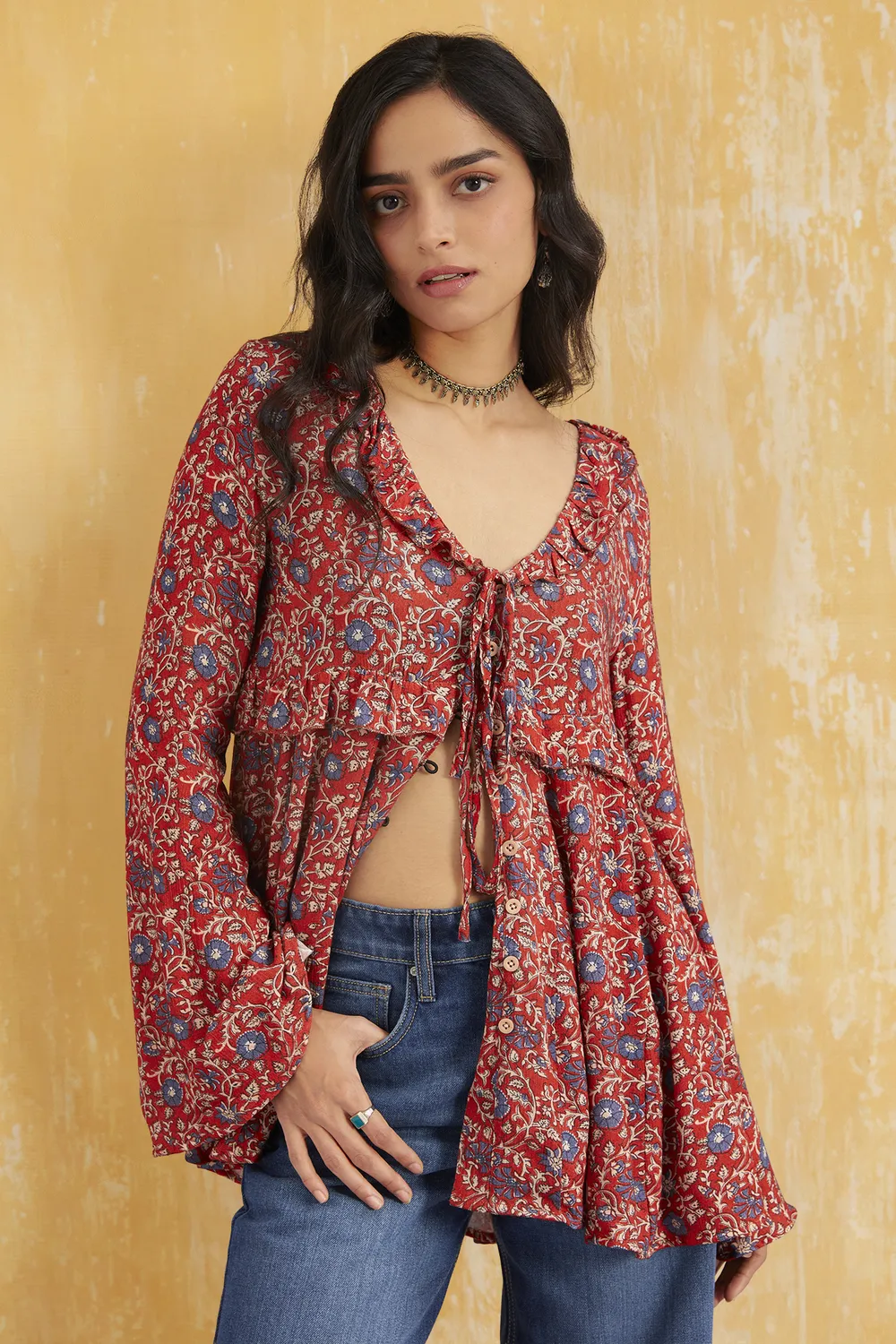 Rust Ethnic Print Tie-Up Buttoned Top