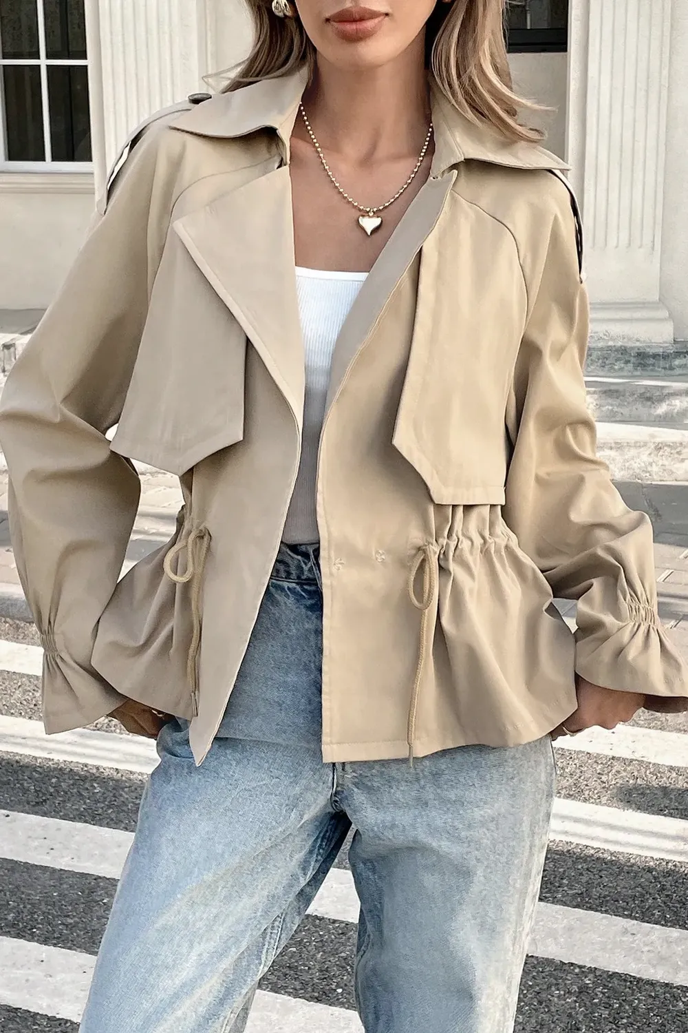 Beige Lapel Collar Tie-Up Jacket - NEWME