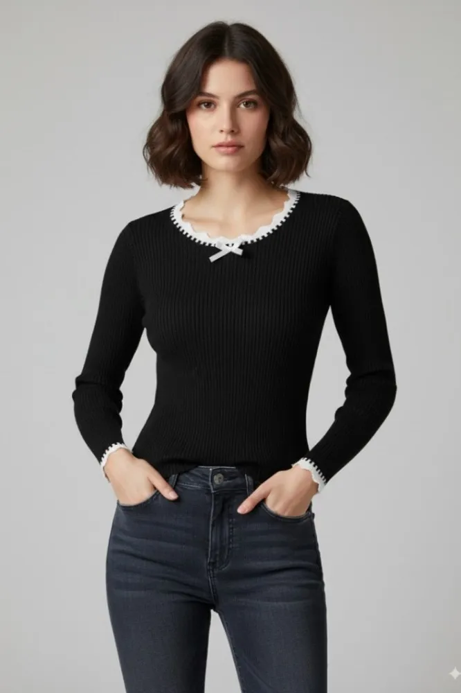 Black Fitted Round Neck Sweater - Image 1