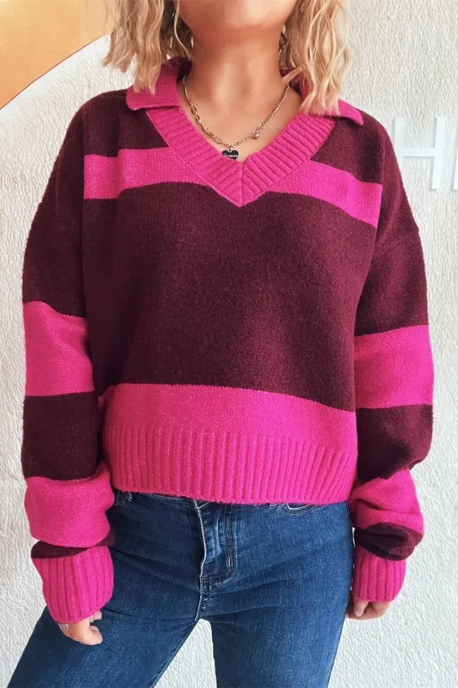 Dark Pink Striped V-Neck Sweater - Image 1