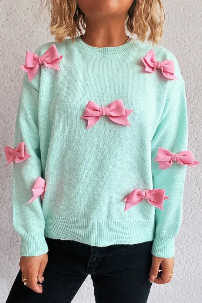 Light Blue Bow Detail Crew Neck Sweater - Image 1