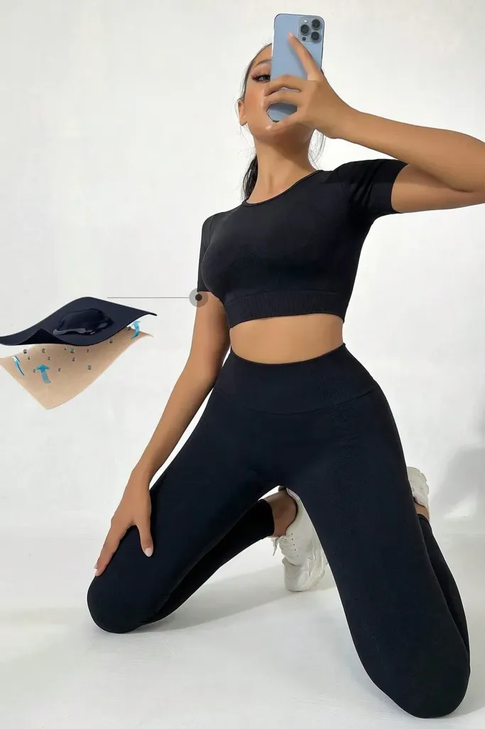 Black Solid Fitted Crop Co-Ord Set - Image 1