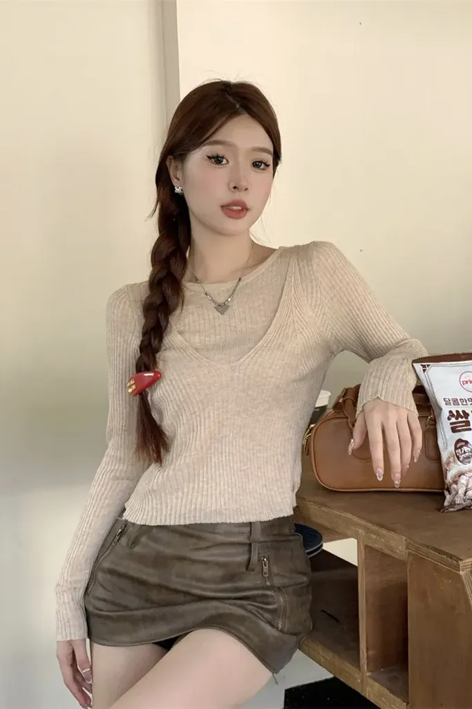 Khaki Solid Crew Neck Sweater - Image 1