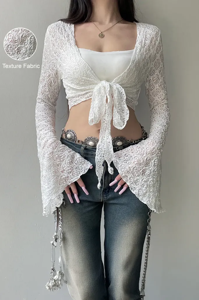 White Lace Tie Up Detail Crop Top - Image 1