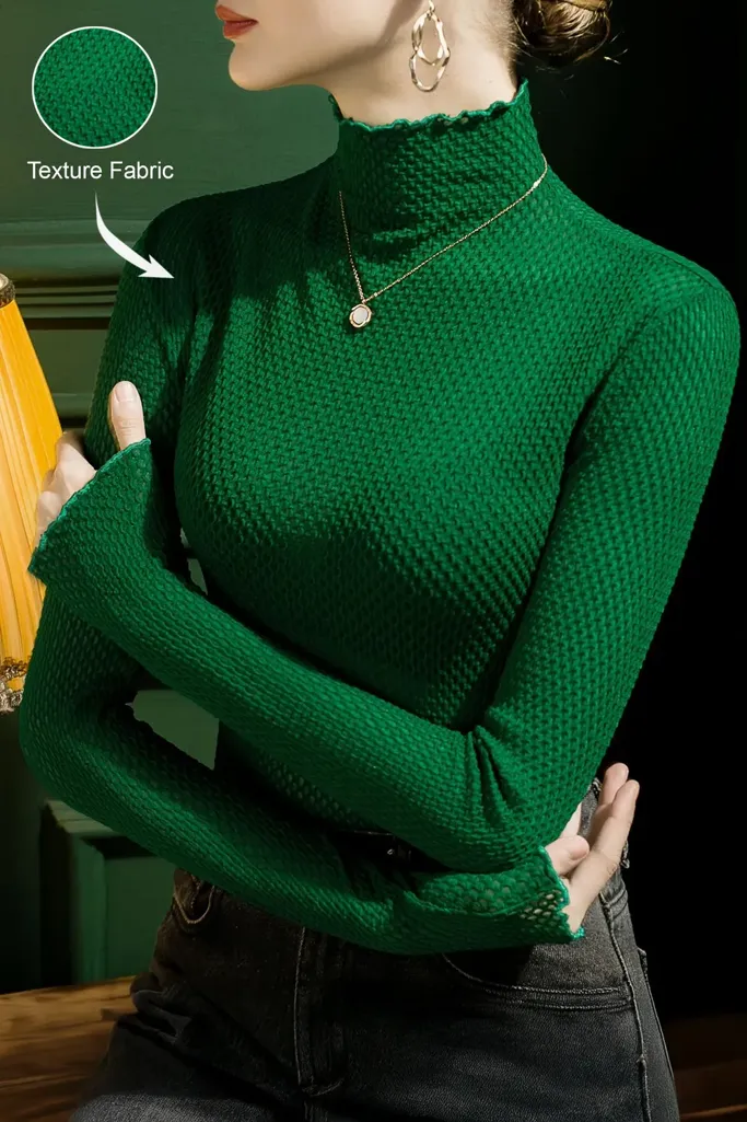 Dark Green Textured High Neck Slim Fit Top - Image 1