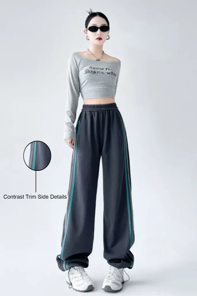 Dark Grey Striped Mid Rise Trackpants - Image 1