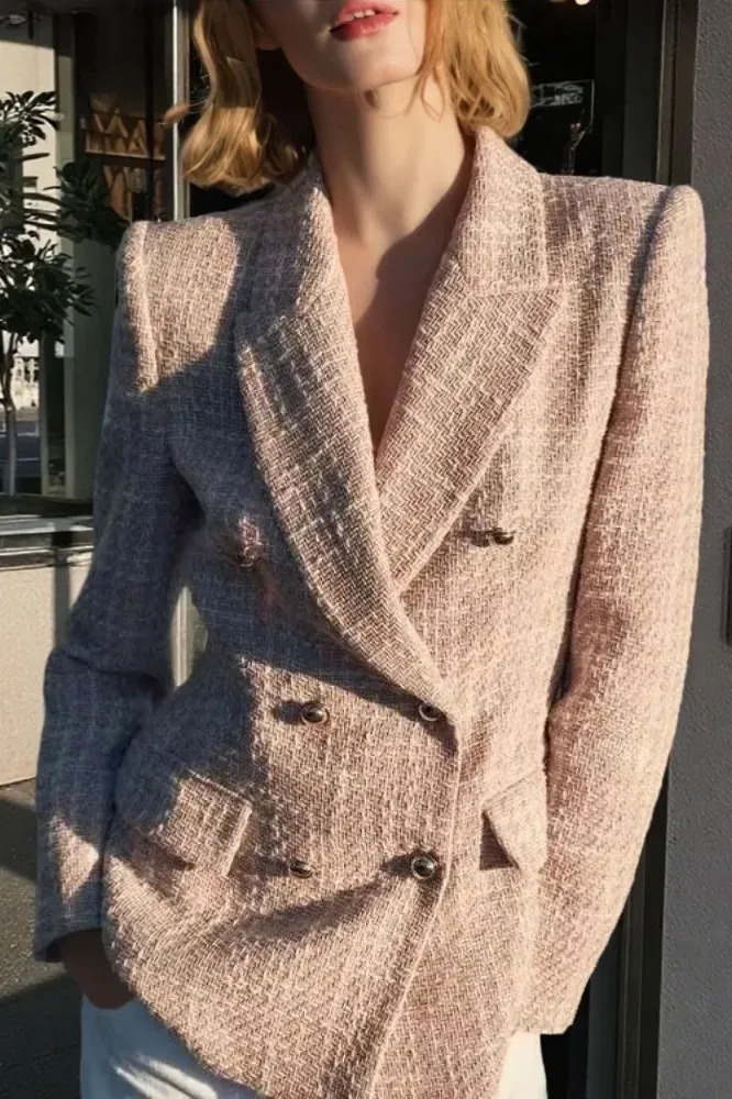 Pink Textured Lapel Collar Blazer - Image 1