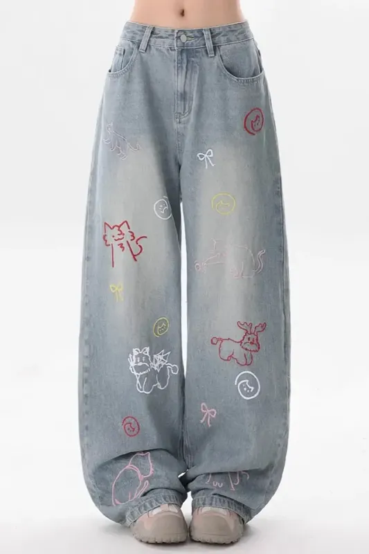 Light Blue Graphic Wide Leg Jeans NEWME