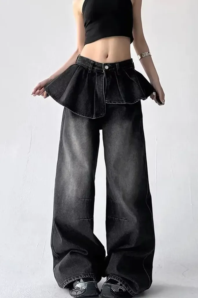 Black Ruffled Wide Leg Jeans - Image 1