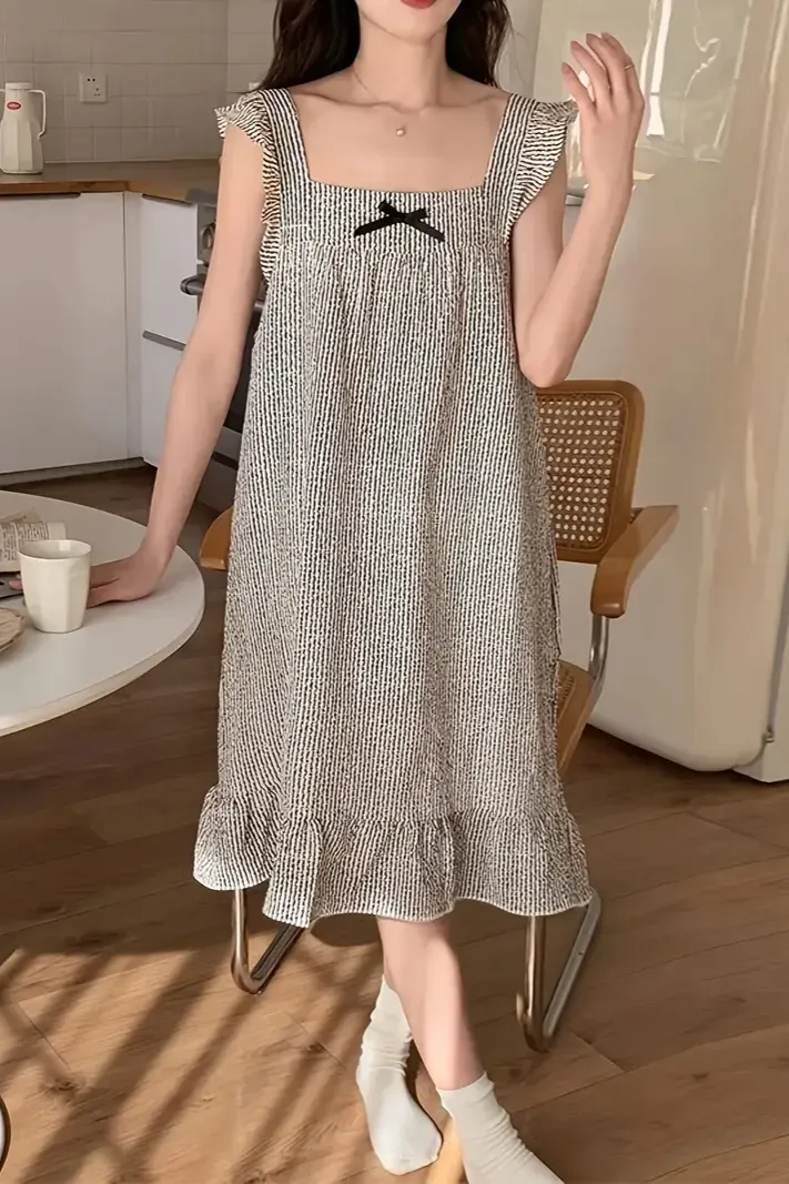 Black Striped Ruffled Midi Dress