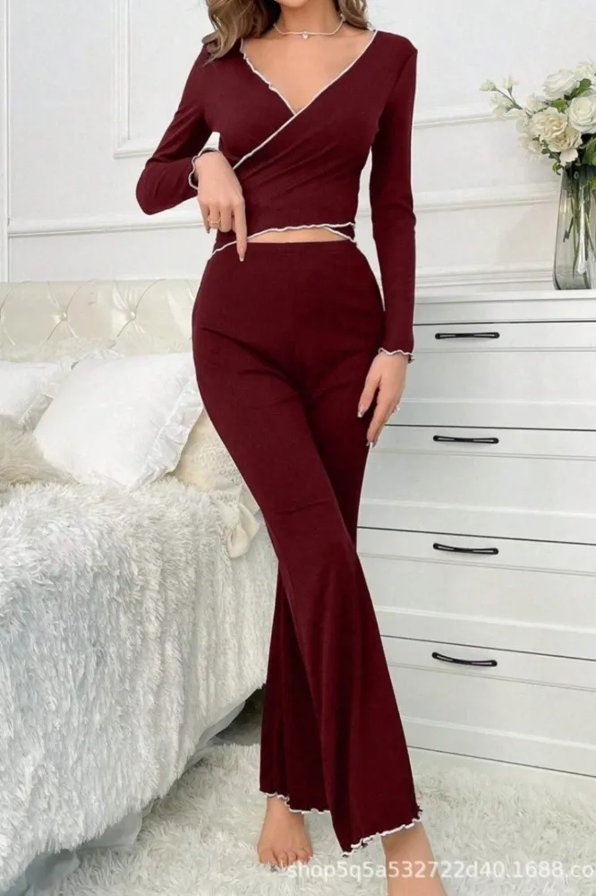 Burgundy V-Neck Crop Co-Ord Set - Image 1