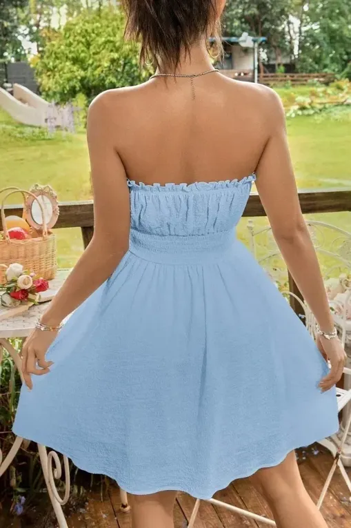 Light Blue Smocked Tube Mini Dress - NEWME