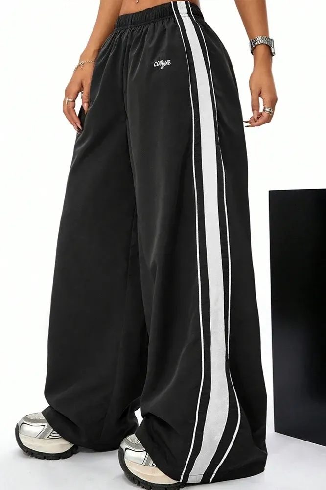 Black Mid Rise Striped Trackpants - NEWME