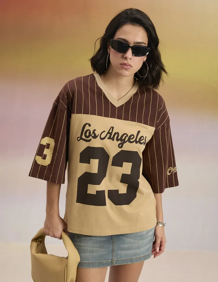 Light Brown Graphic V-Neck T-Shirt - Image 1