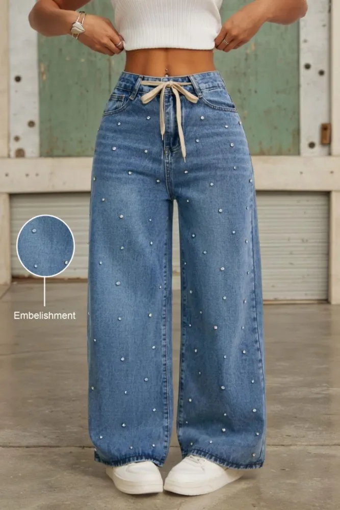 Blue Rhinestone Wide Leg Jeans - NEWME