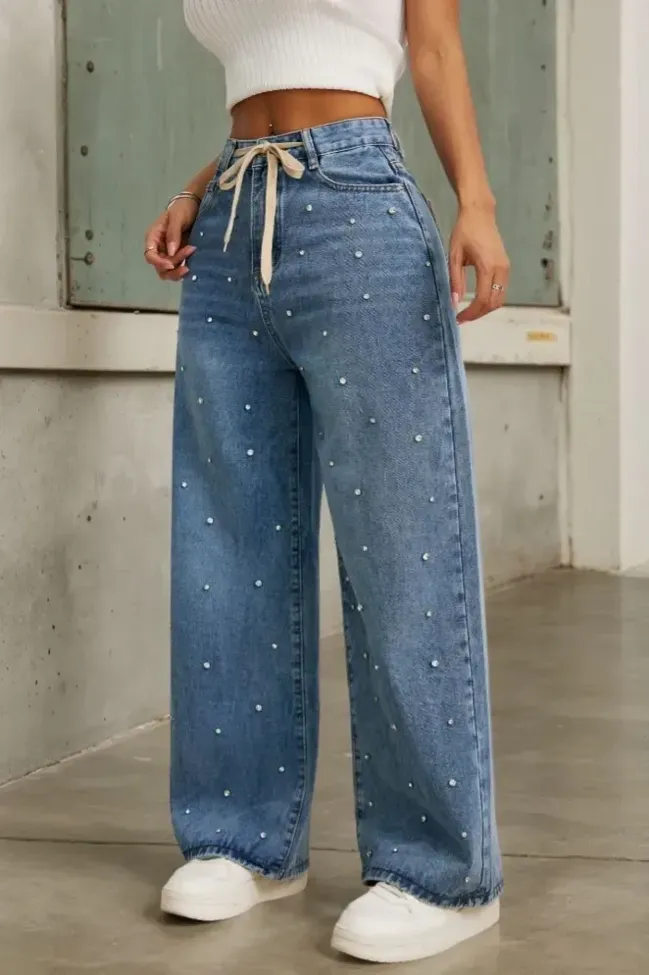 Blue Rhinestone Wide Leg Jeans - NEWME