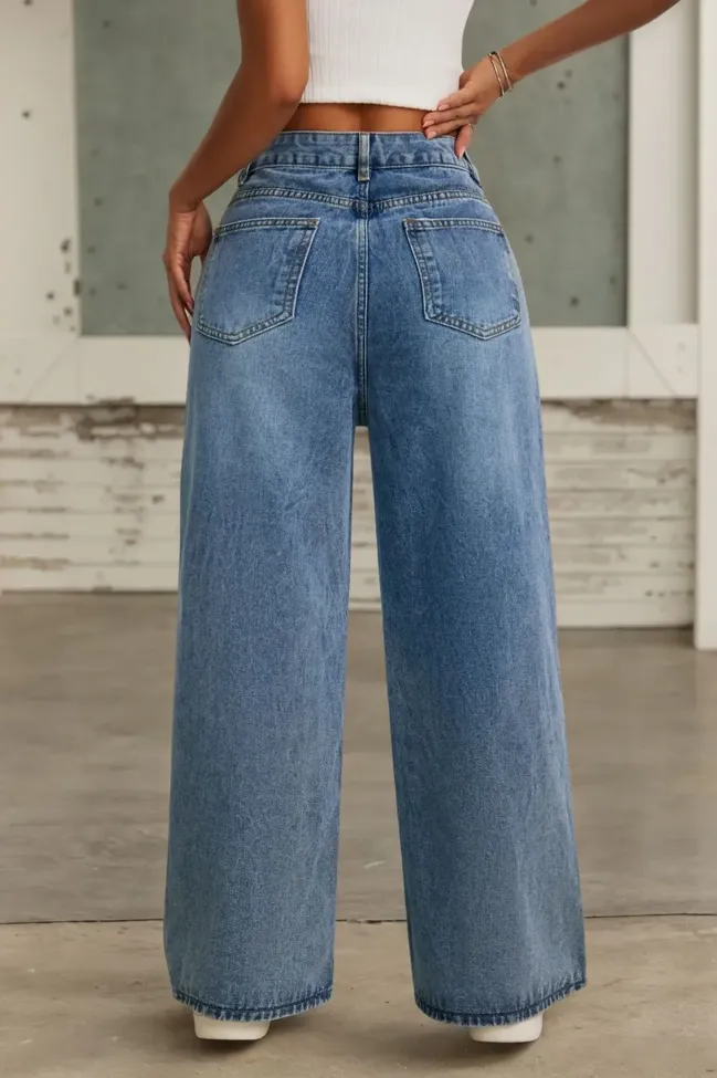 Blue Rhinestone Wide Leg Jeans - NEWME