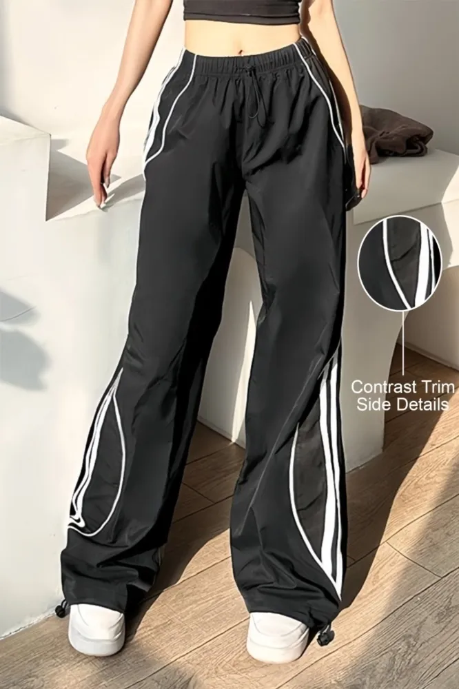 Black Striped Mid Rise Trackpants - Image 1