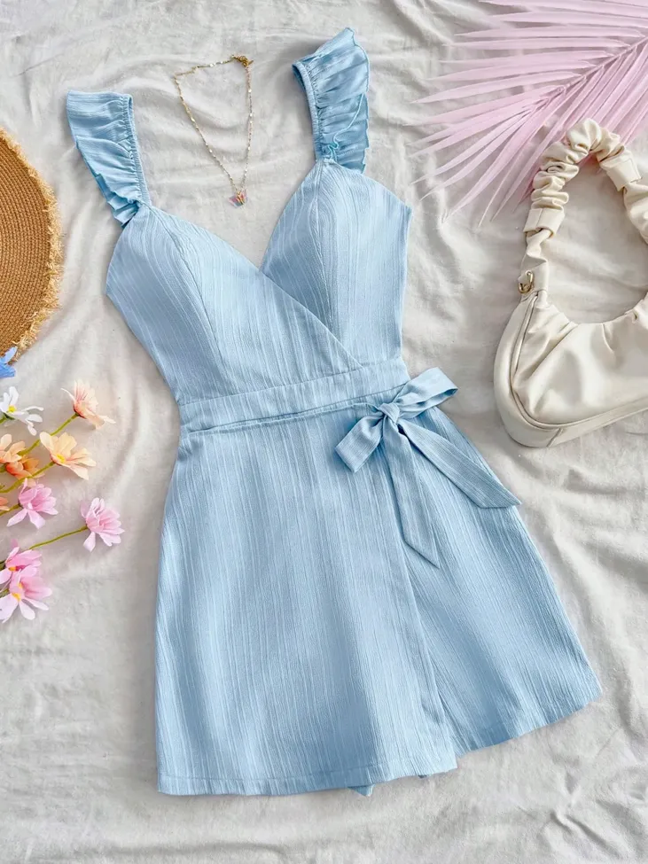 Light Blue Ruffled Tieup Playsuit - Image 1