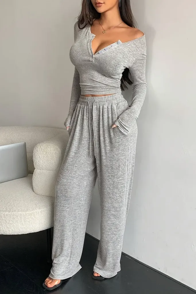 Grey Vneck Crop Coord Set - Image 1