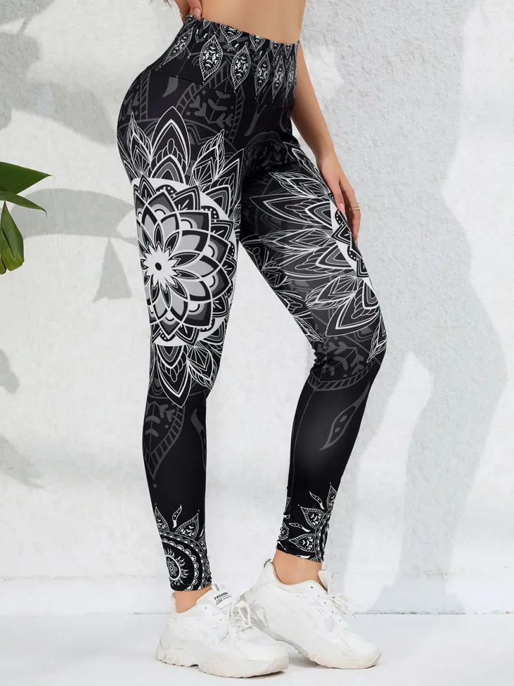 Navy Blue Geometric High-Rise Leggings - Image 1