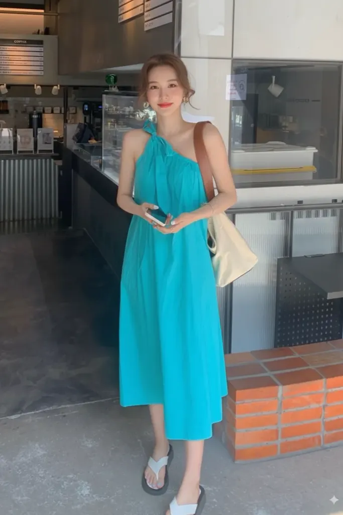Blue One Shoulder A-Line Midi Dress - Image 1