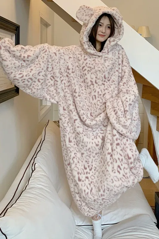Light Pink Leopard Print Hooded Dress