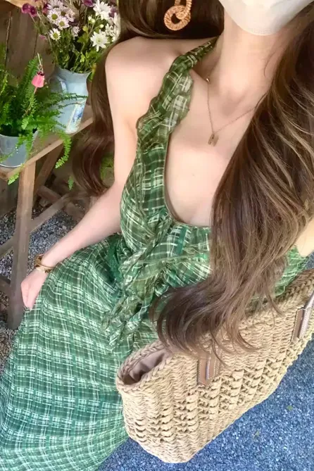 Green Check Halter Maxi Dress - NEWME