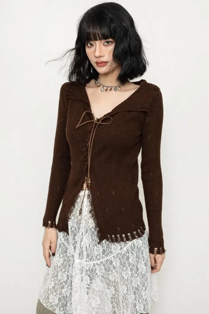 Brown Tie-Up Detail Cardigan - Image 1