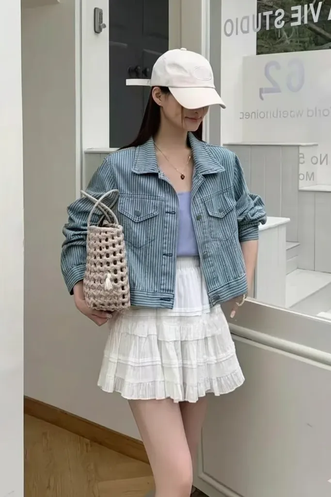 Light Blue Striped Button Down Denim Jacket - Image 1