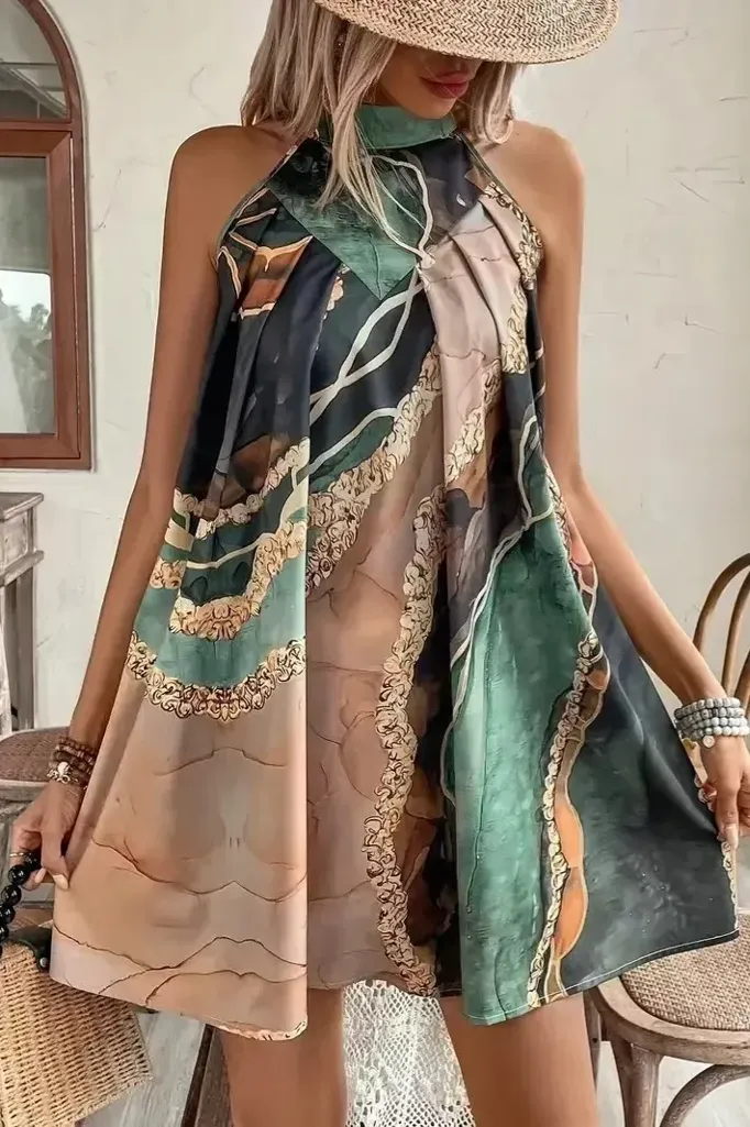 Multi Color Abstract Halter Mini Dress - Image 1