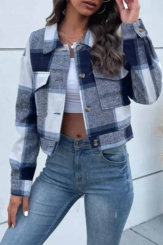 Navy Blue Plaid Crop Shacket - Image 1