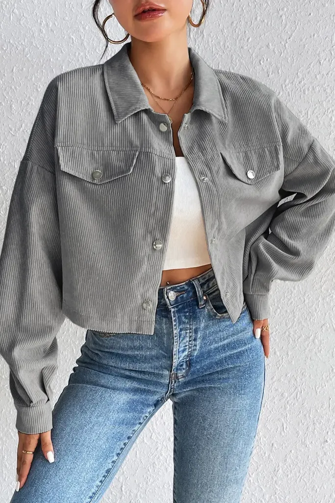 Grey Button Down Crop Shacket - Image 1