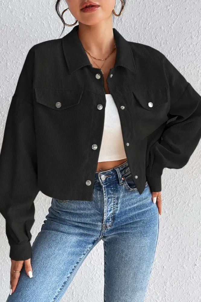 Black Button Down Crop Shacket - Image 1