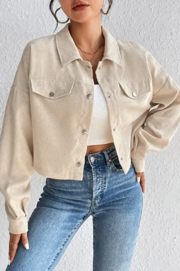 Beige Button Down Crop Shacket - Image 1