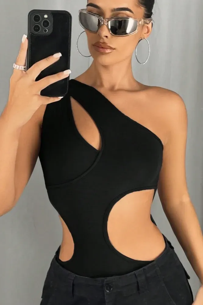 Black Cut-Out One Shoulder Bodysuit - Image 1