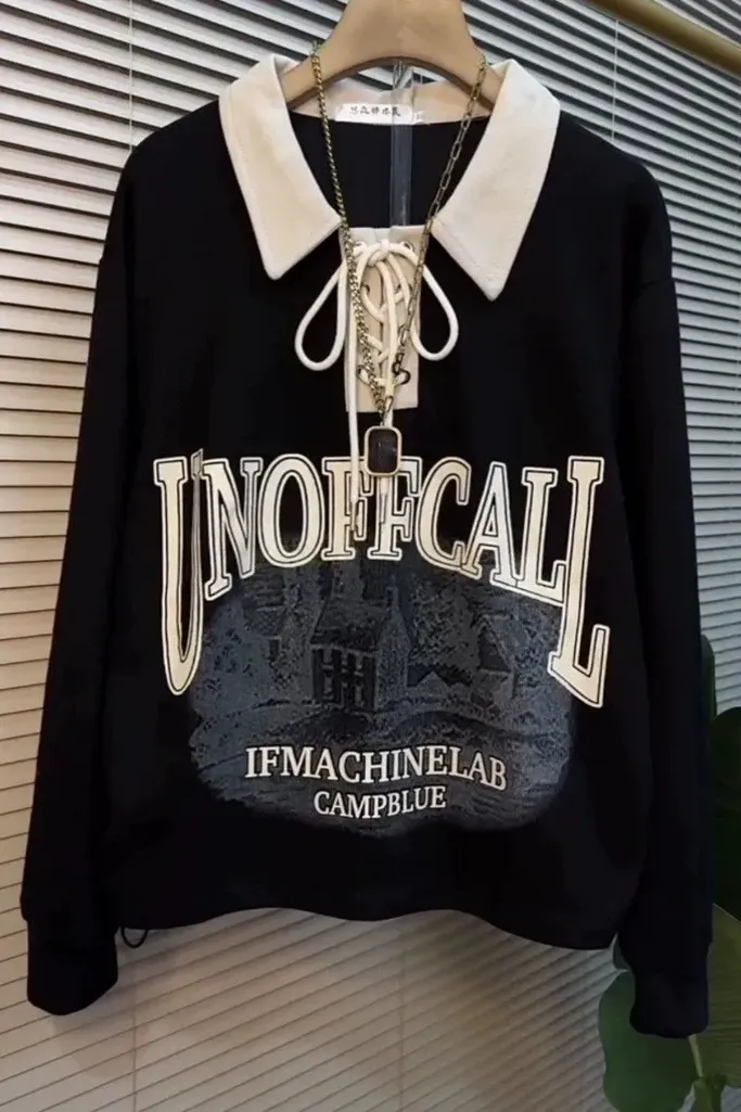 Black Typography Tie-Up Sweatshirt - Image 1