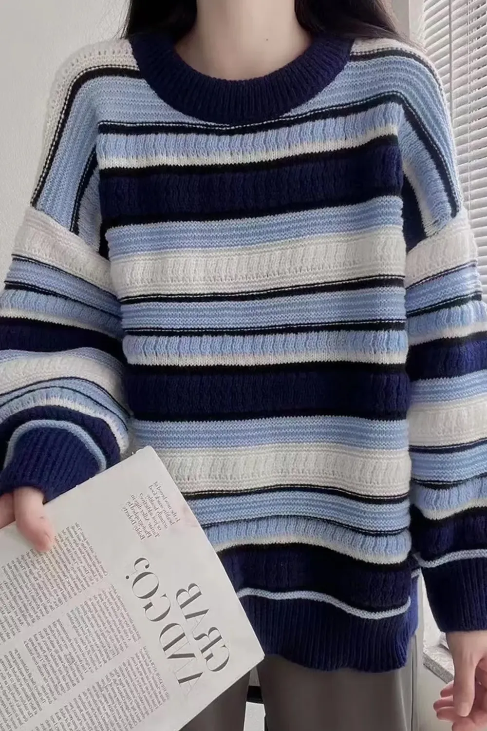 Navy Blue Striped Oversized Sweater - NEWME